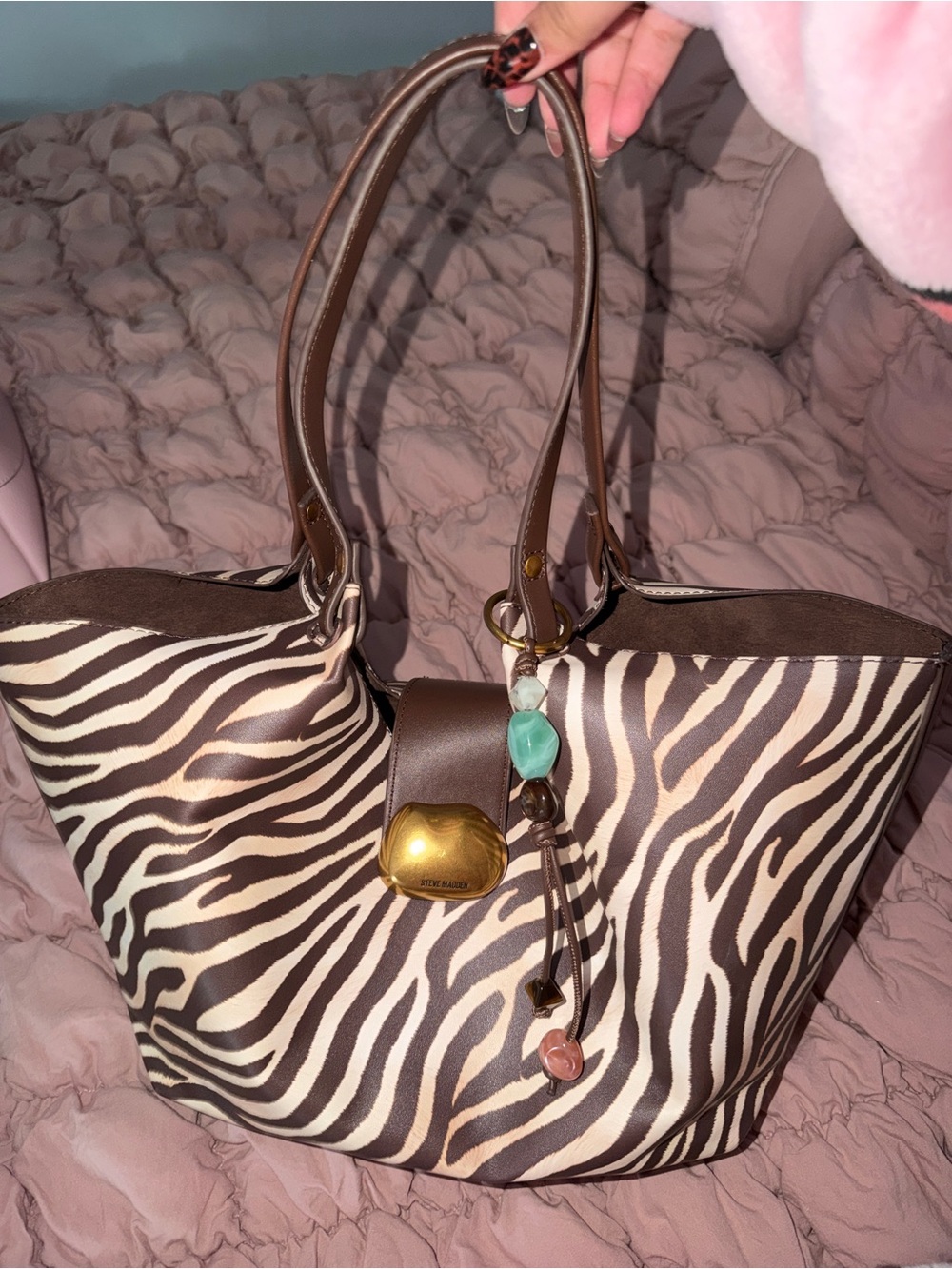 Steve Madden Brown and Cream Zebra-Print Shoulder Bag